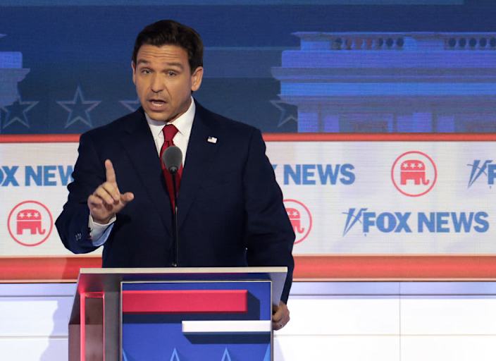 Republican presidential candidate, Florida Gov. Ron DeSantis, speaking in the first debate of the GOP primary season, hosted by FOX News at the Fiserv Forum on August 23, 2023 in Milwaukee, Wisconsin.