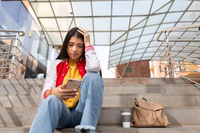 Latina college student sitting on steps outside of a building on campus. She is reading on her cell phone, while resting her arm against her head, with a stressed look on her face.