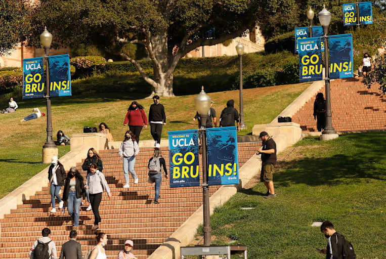 Students walking on the UCLA campus in Los Angeles, California.
