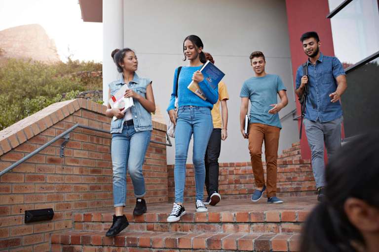Students walking out of school building