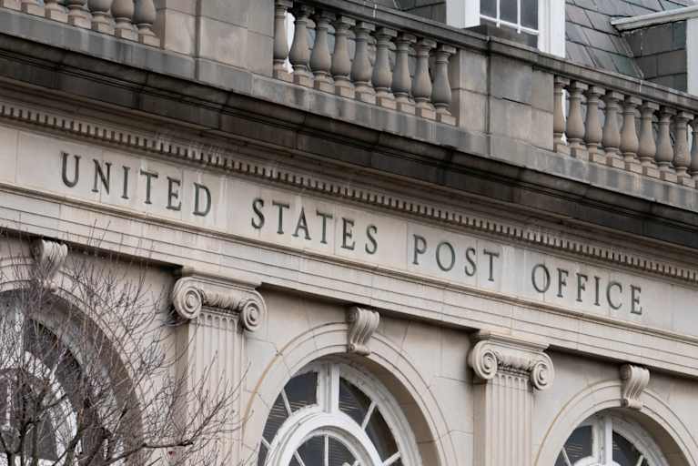 The post office in Rogersville, Tennessee is a classic granite building