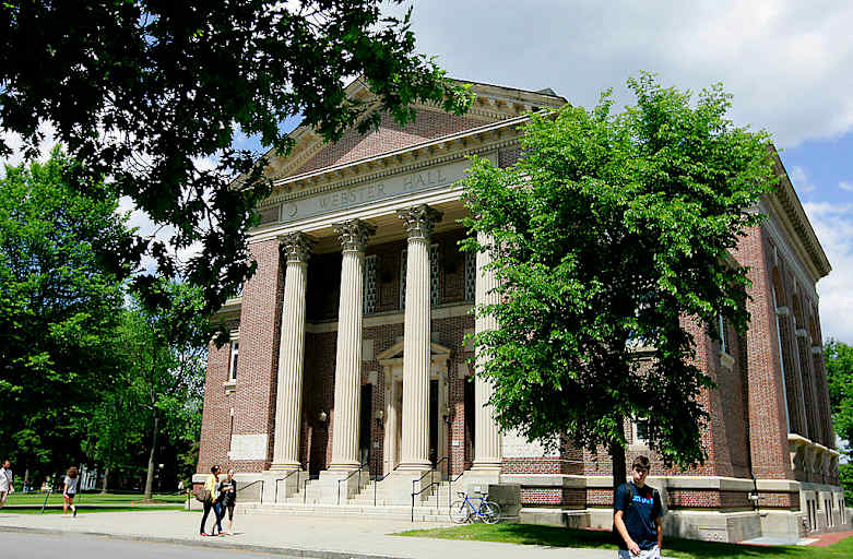 Webster Hall stands on the campus of Dartmouth College, the smallest school in the Ivy League, in Hanover, New Hampshire.