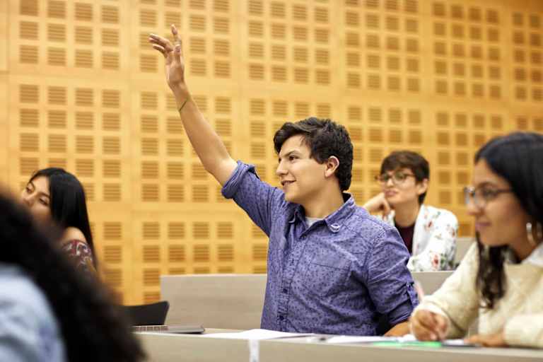 Student raising their hand in lecture hall