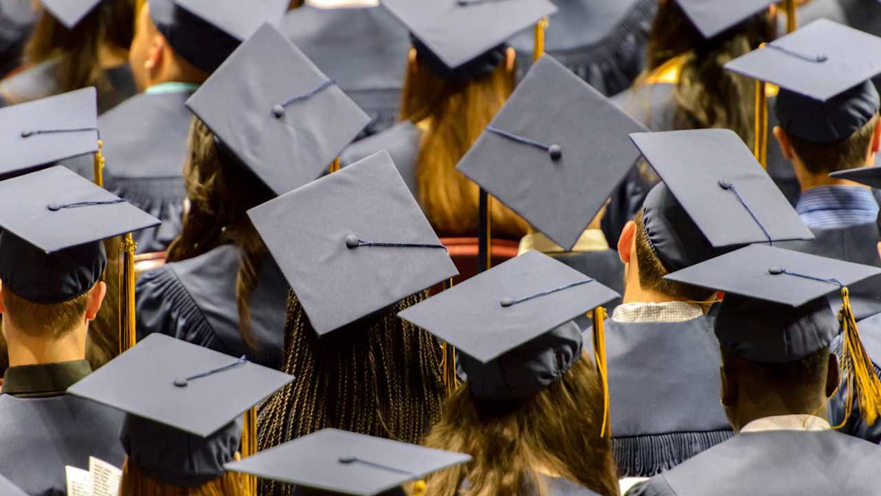 A group of graduating student wearing caps.