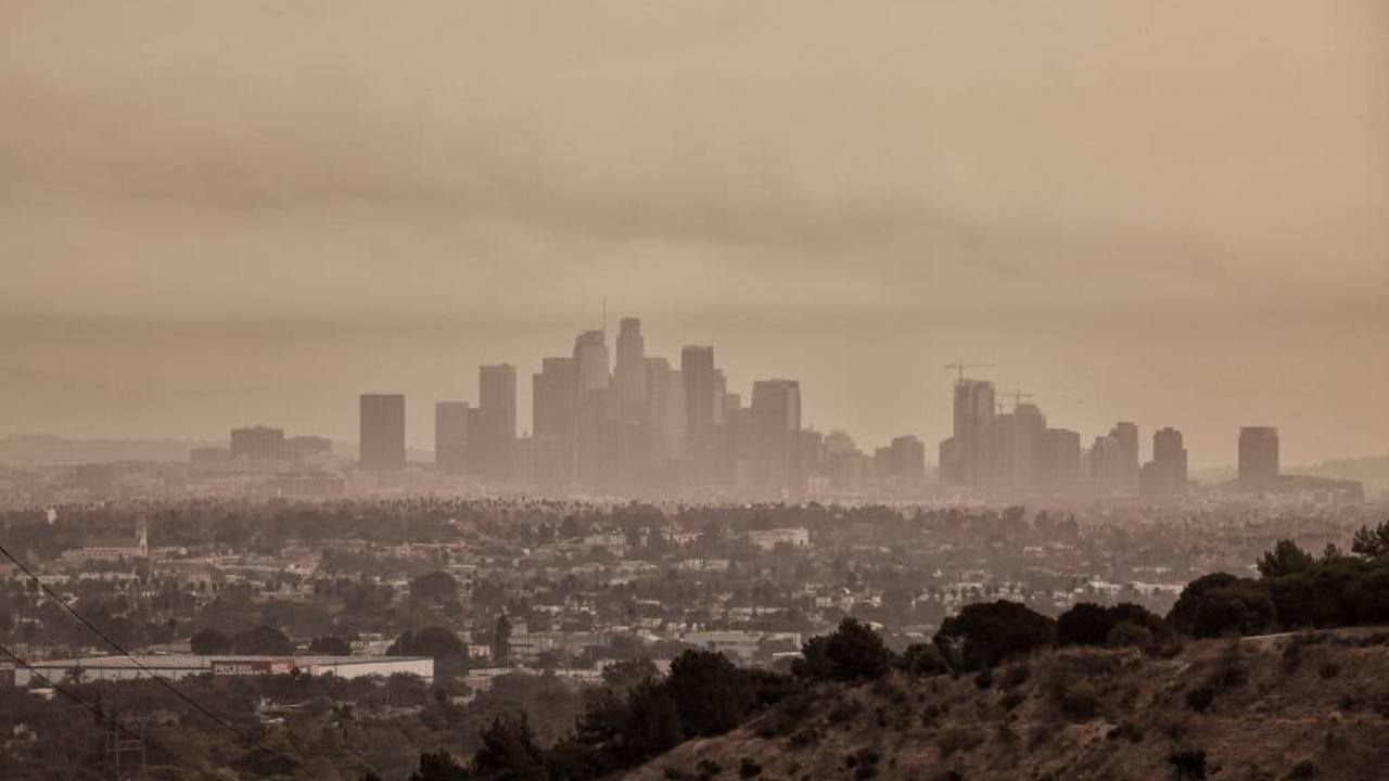 Downtown Los Angeles blanketed with smoke and ash from nearby wildfires. Taken in early September 2020.