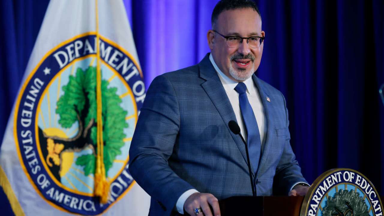 U.S. Education Secretary Miguel Cardona speaking at the Lyndon Baines Johnson Building in Washington, DC.