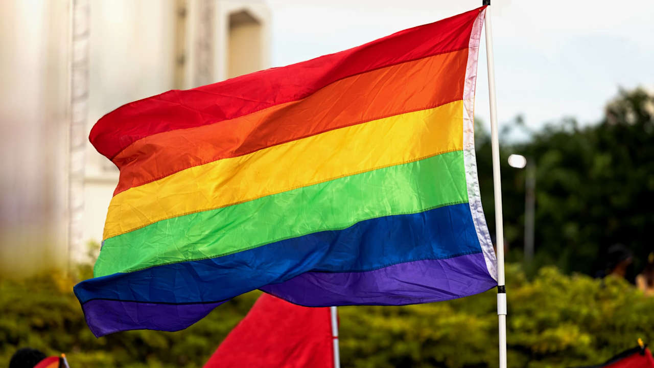 Rainbow flag representing the LGBTQ+ community flying from a flagpost on campus.
