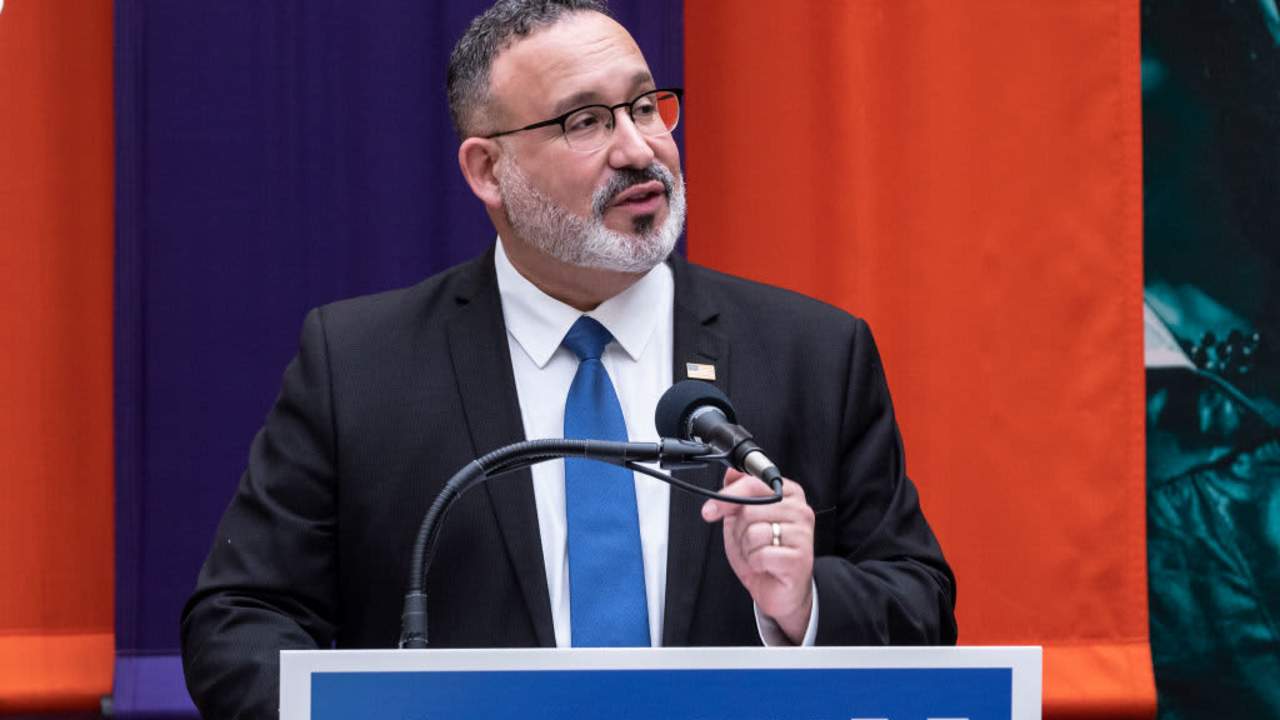 PARAMUS, NEW JERSEY, UNITED STATES - 2022/01/20: Secretary of Education Miguel Cardona speaks during visit to Bergen Community College with First Lady Dr. Jill Biden. Dr. Biden was accompanied by Governor of New Jersey Phil Murphy and his wife Tammy Murphy. Both Dr. Biden and Secretary Cardona highligthed in their remarks of new actions to use federal pandemic relief funds available via American Rescue Plan to support colleges and universities students basic needs.