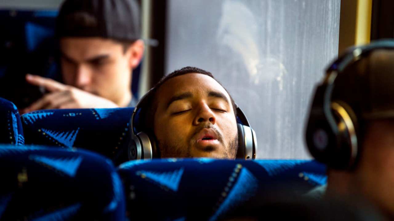 BOSTON, MA - MARCH 29: Wentworth Leopards' Anthony de la Cruz sleeps on the bus on the way to a "home" game at UMass Boston on March 29, 2018. They call themselves baseball nomads. The Wentworth Institute of Technology Leopards are homeless. They have to travel to every game. There is a state-of-the-art playing field on the Boston campus, but Sweeney Field is for the softball, soccer, and lacrosse teams. At home, the baseball team doesnt even have its own locker room. In an age when college athletes are increasingly pampered, these Leopards are extremely adaptable, just like their namesakes.