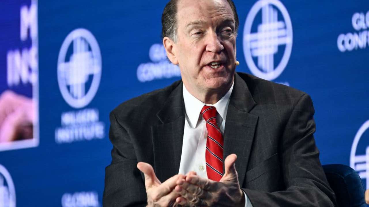 Outgoing President of the World Bank Group David Malpass speaks during the Milken Institute Global Conference in Beverly Hills, California