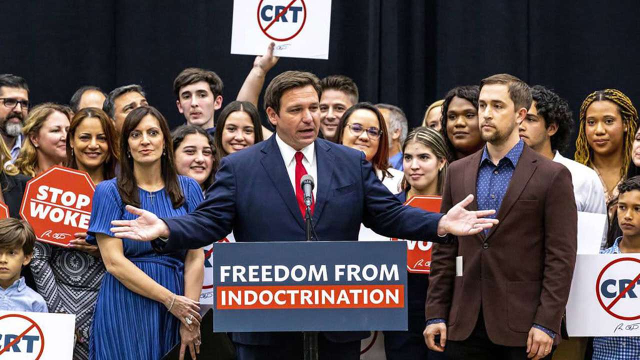 Florida Gov. Ron DeSantis signed HB 7, known as the âstop wokeâ bill, in Hialeah Gardens, Florida, on April 22, 2022. (Daniel A. Varela/Miami Herald/Tribune News Service via Getty Images)