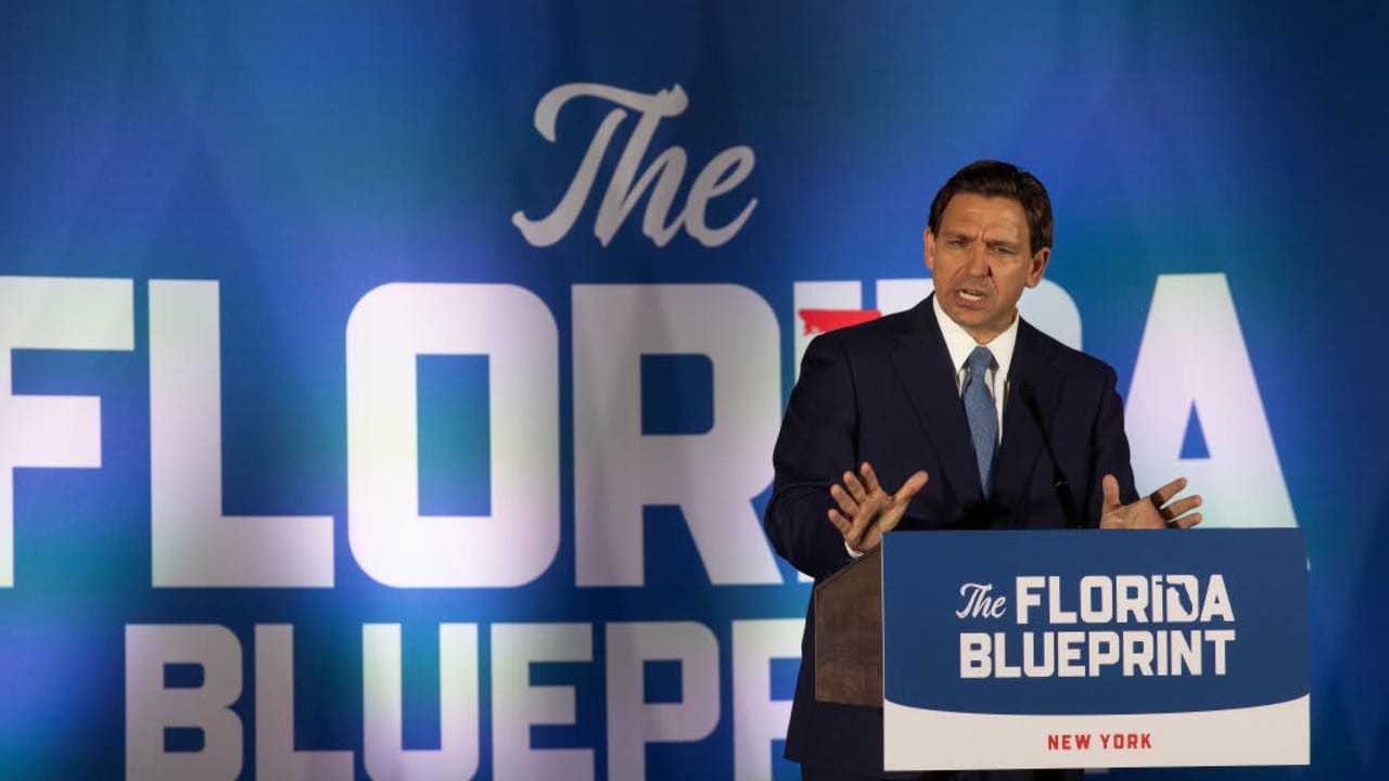 GARDEN CITY, NEW YORK - APRIL 1: Florida Governor Ron DeSantis gives a political speech at the Cradle of Aviation Museum, April 1, 2023 in Garden City, New York. (Photo by Andrew Lichtenstein/Corbis via Getty Images)