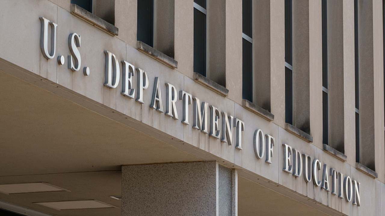 WASHINGTON, DC - MAY 18: A sign is displayed outside of the Lyndon Baines Johnson Department of Education building on May 18, 2025 in Washington, DC. (Photo by Kevin Carter/Getty Images)