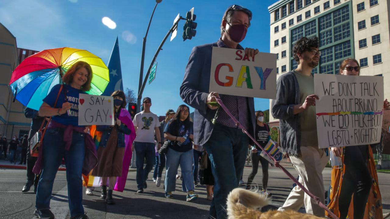 LGBTQ employees and allies walk out of Disney Animation in Burbank, California, protesting CEO Bob Chapek's handling of Florida's "Don't Say Gay" bill.