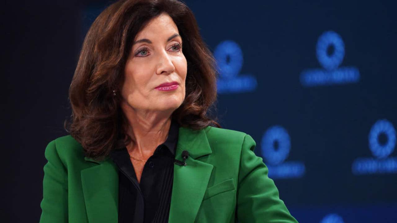 NEW YORK, NEW YORK - SEPTEMBER 20: New York State Governor, Kathy Hochul speaks on stage during The 2022 Concordia Annual Summit - Day 2 at Sheraton New York on September 20, 2022 in New York City. (Photo by Leigh Vogel/Getty Images for Concordia Summit)
