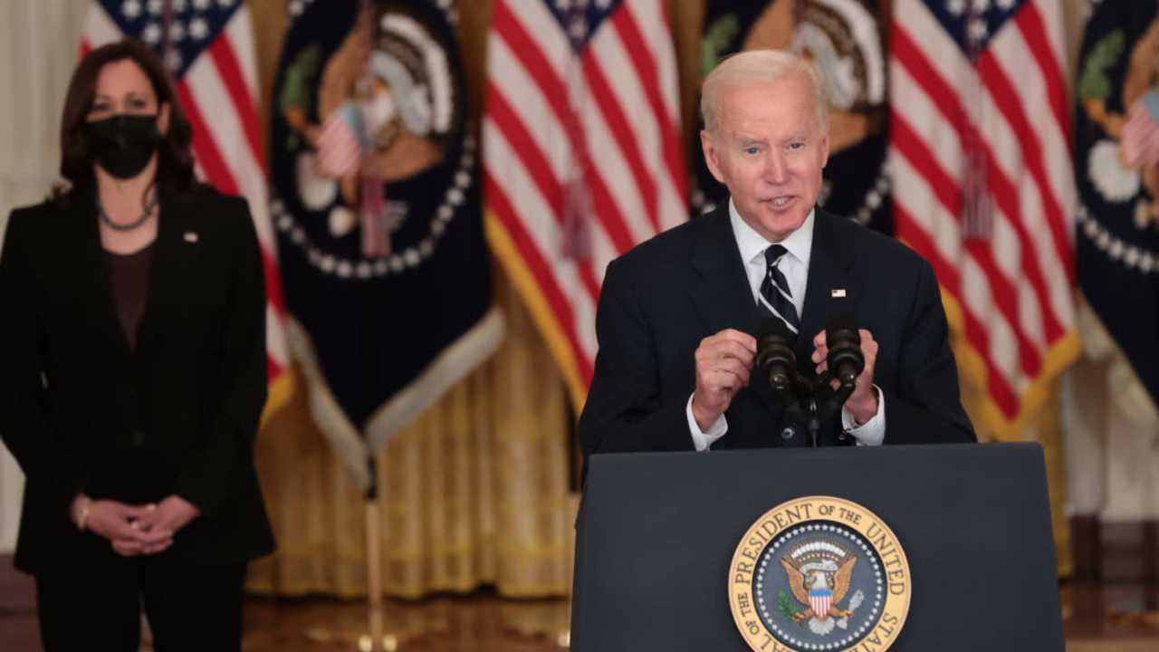 U.S. President Joe Biden delivers remarks on his proposed "Build Back Better" social spending bill as Vice President Kamala Harris looks on in the East Room of the White House in Washington, DC.