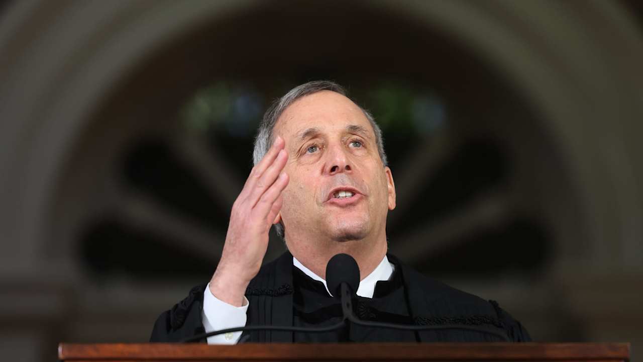 Cambridge, MA - May 29: Harvard President Lawrence Bacow speaks during Harvards Commencement ceremony for the Classes of 2020 and 2021 in Cambridge, MA on May 29, 2022.