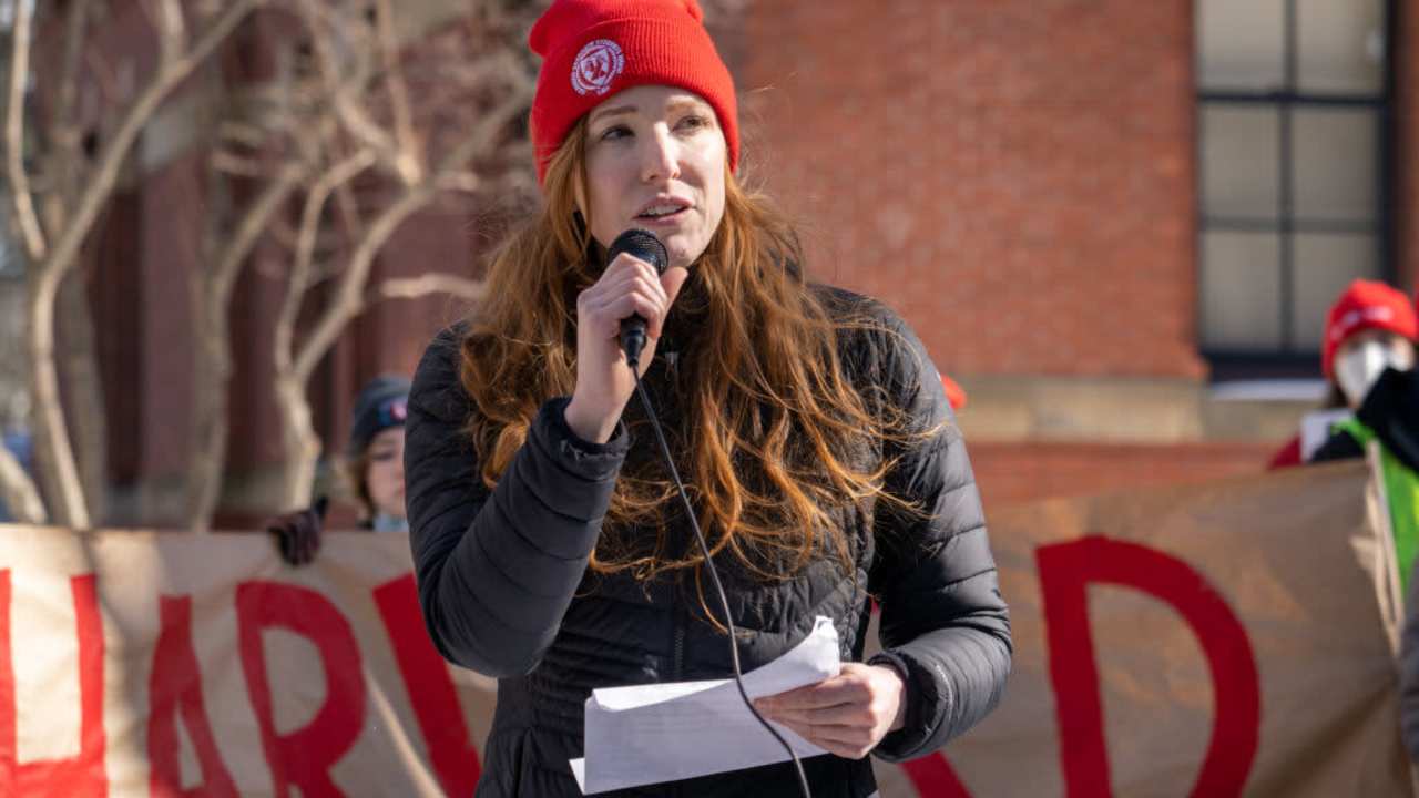 Margaret Czerwienski, a doctoral student at Harvard University suing the University for its handling of sexual harassment accusations against an anthropology professor, speaks during a 'No Justice Walkout' protest at Harvard University in Cambridge, Massachusetts, U.S., on Monday, Feb. 14, 2022. Harvard allowed a star professors sexual abuse of female students to continue unchecked for decades, contributing to a culture of harassment in its Anthropology Department, a new lawsuit alleges. Harvard University disputes the allegations of the lawsuit.