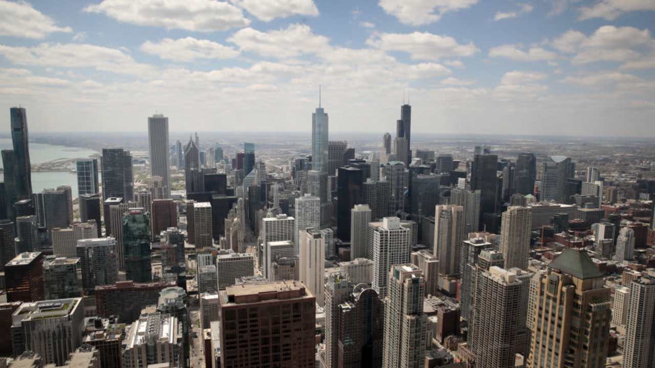 The city skyline of Chicago, Illinois, taken from the 360 Chicago observation deck.