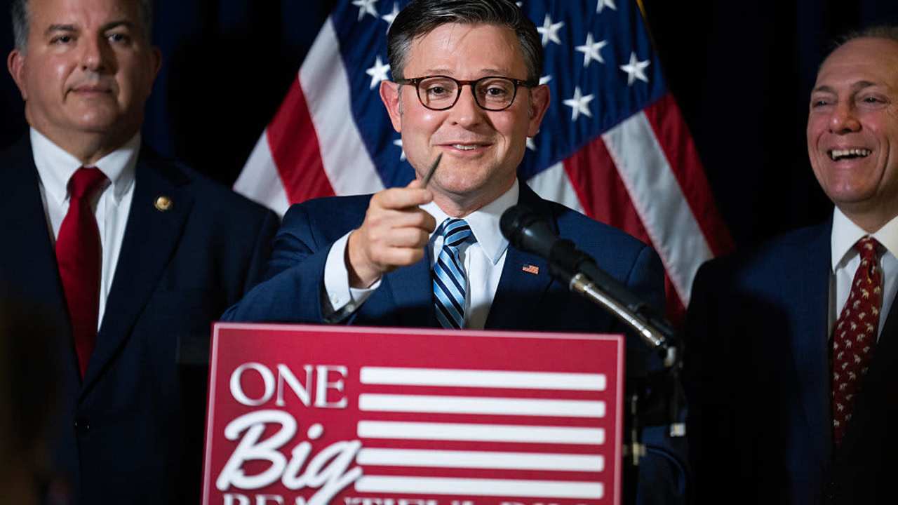 Speaker of the House Mike Johnson, R-La., conducts a news conference after a meeting of the House Republican Conference at the Republican National Committee on Tuesday, July 15, 2025.