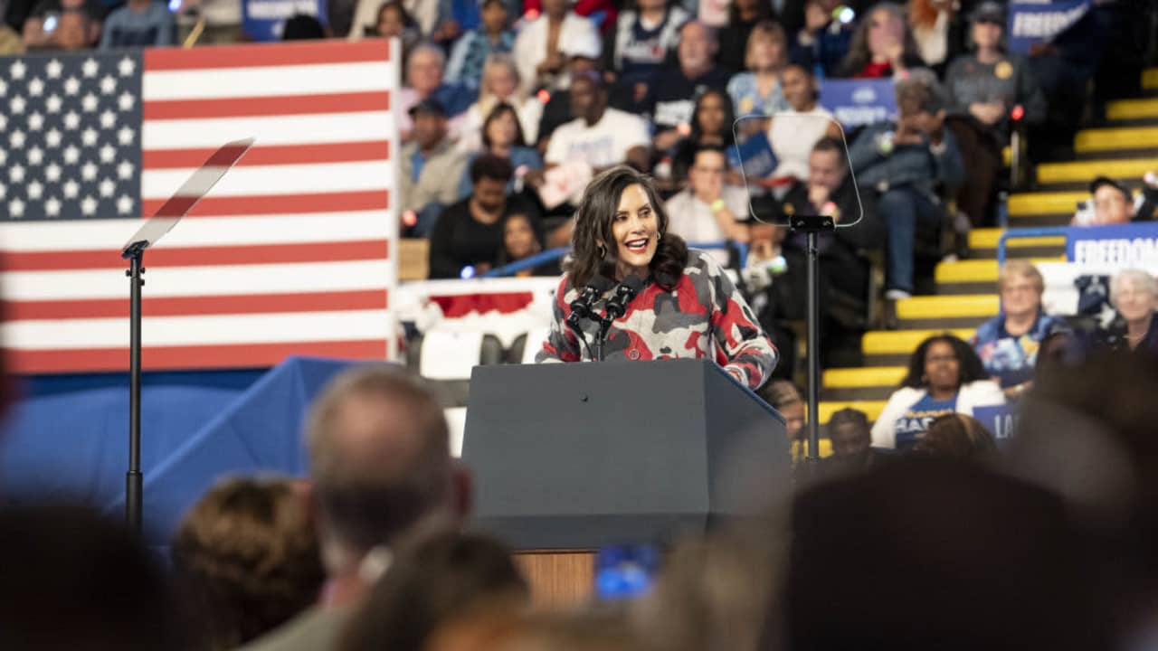 Gretchen Whitmer, governor of Michigan, speaks during a campaign event for US Vice President Kamala Harris, not pictured, in Flint, Michigan, US, on Friday, October 4, 2024.