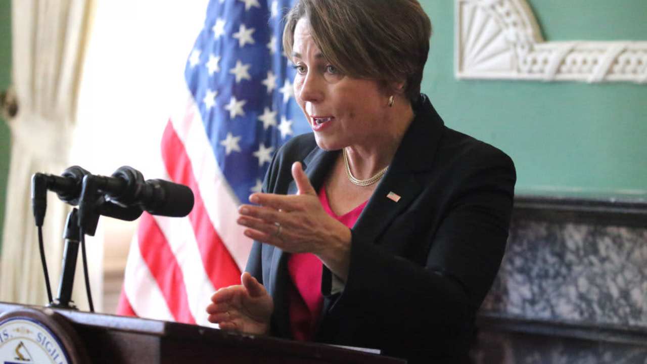 Maura Healey speaks as she introduces the Veterans Equality Review Board at the State House