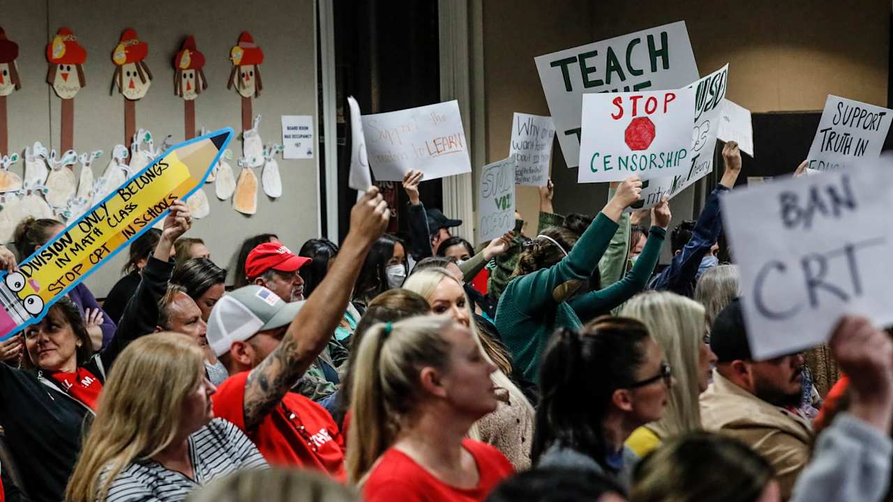 An even mix of proponents and opponents to teaching Critical Race Theory are in attendance as the Placentia Yorba Linda School Board discusses a proposed resolution to ban it from being taught in schools.