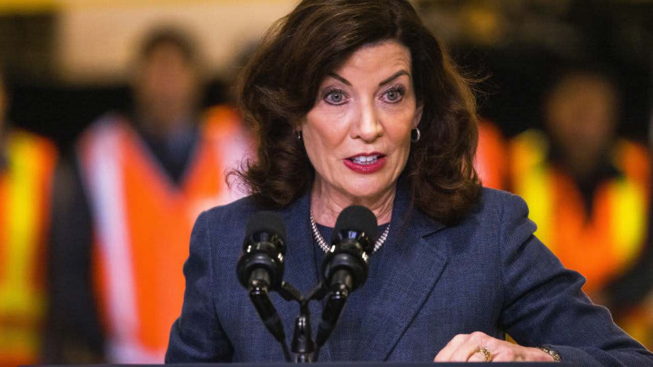 New York Governor Kathy Hochul speaking at a podium