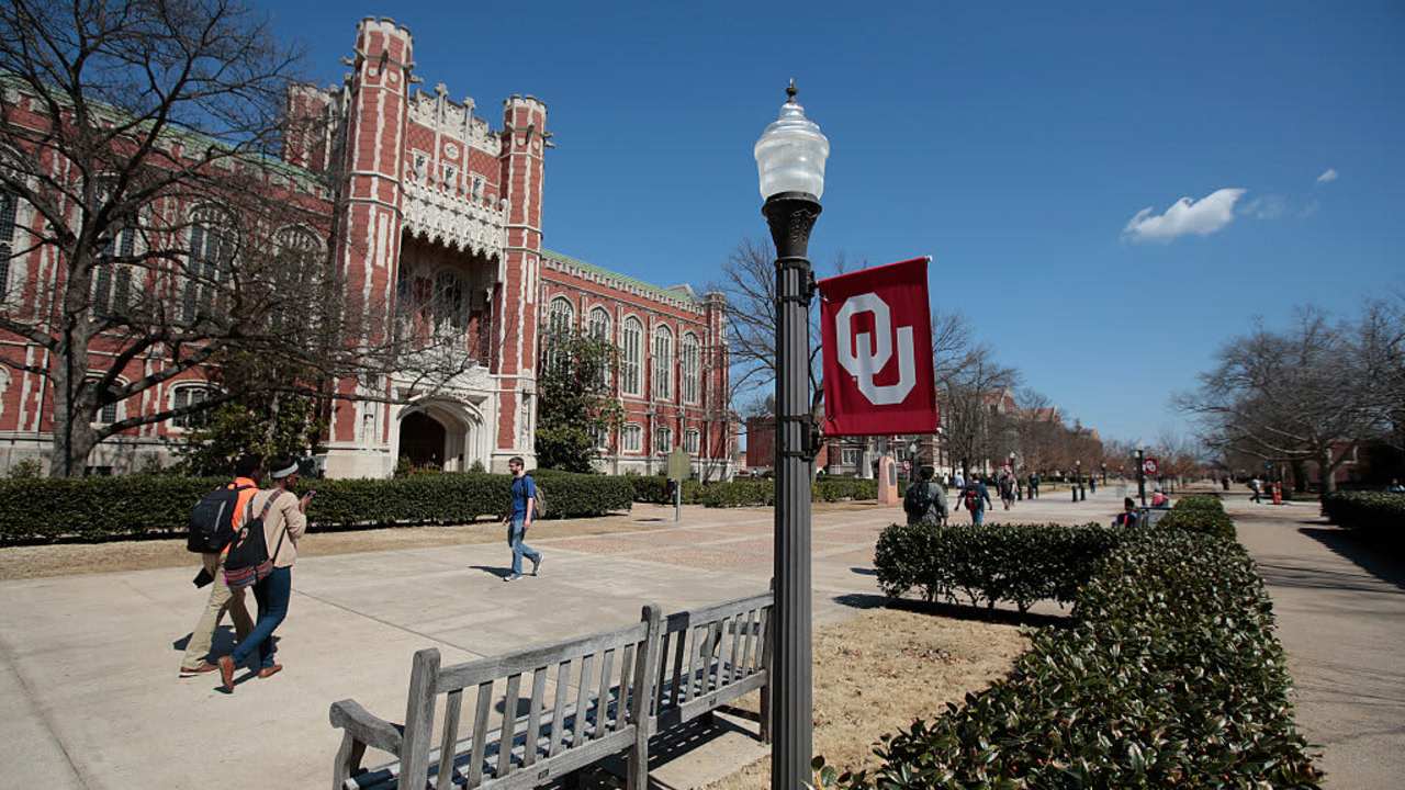 Students walking between classes on Oklahoma University's campus