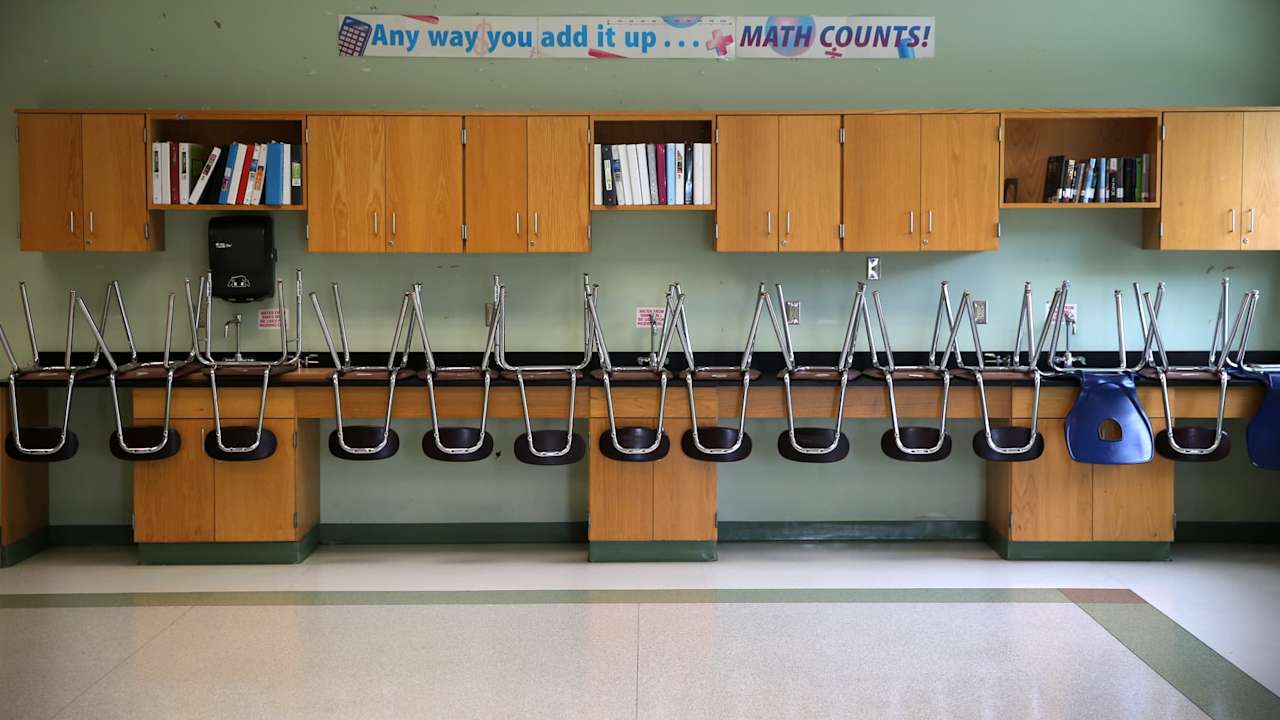 Empty classroom with chairs stacked upside down on desks.