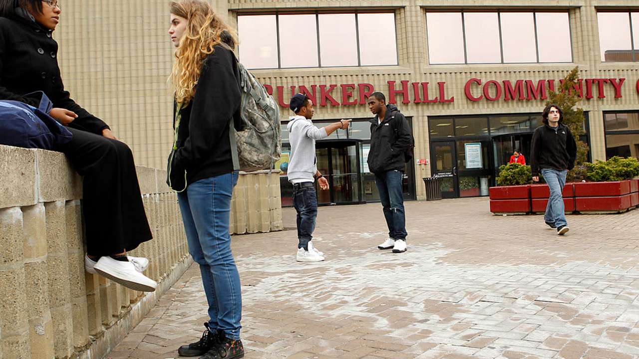 CHARLESTOWN - NOVEMBER 17: Students outside Bunker Hill Community College. (Photo by Joanne Rathe/The Boston Globe via Getty Images)