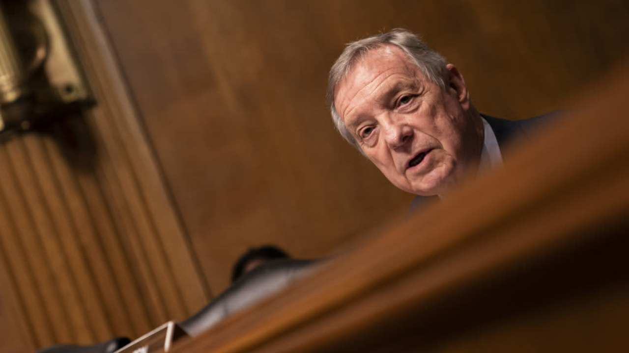 Senator Dick Durbin, a Democrat from Illinois, speaks during Senate Judiciary Subcommittee hearing in Washington, DC, US, on Tuesday, Nov. 29, 2022. The top bosses at Kroger and Albertsons are headed for a round of tough questions from US senators skeptical of their $24.6 billion deal to create a supermarket giant rivaling Walmart Inc. in heft. Photographer: Nathan Howard/Bloomberg via Getty Images