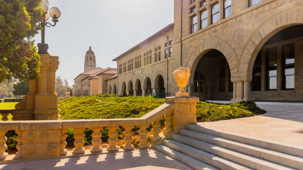 The Main Quadrangle and Hoover Tower on the Stanford University campus in Palo Alto, California.