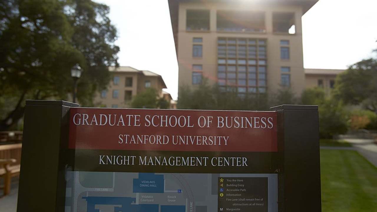 Stanford University's Graduate School of Business sign on campus