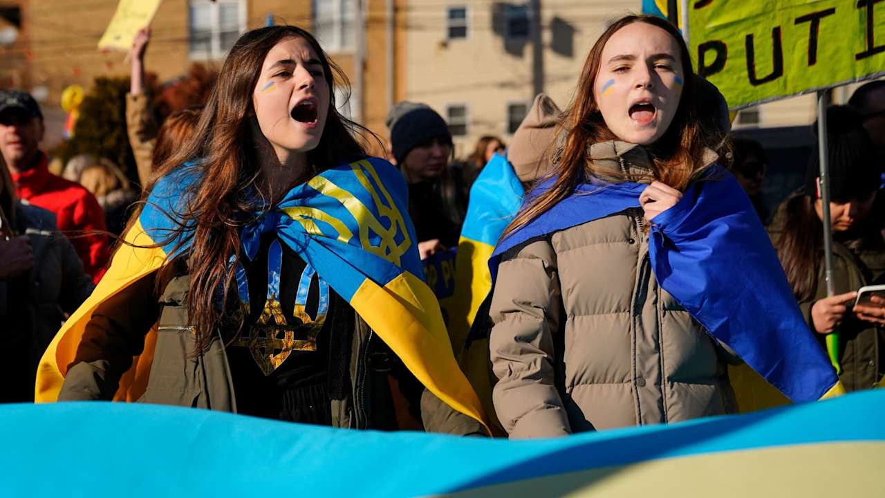 Demonstrators gather for a protest against the Russian invasion of Ukraine