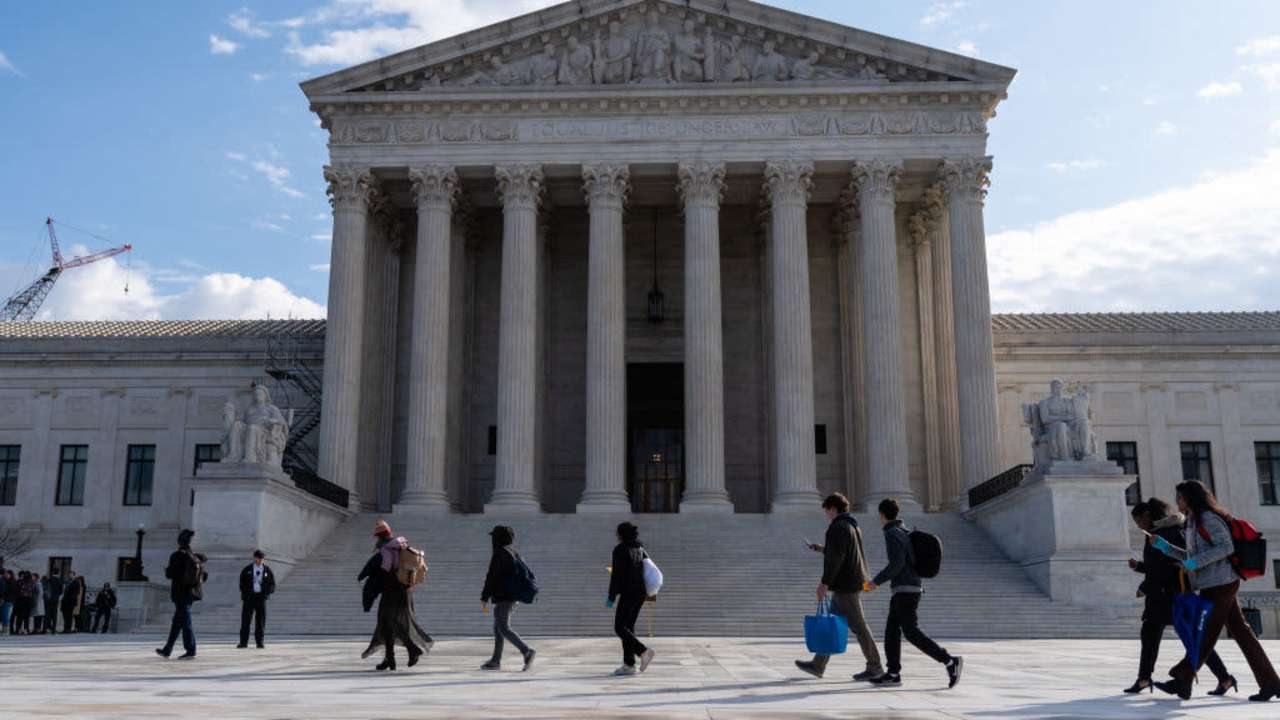 The US Supreme Court in Washington, DC, US, on Tuesday, Feb. 21, 2023. A case being argued today tests whether Google's YouTube can be held liable for automated recommendations of Islamic State terrorism videos, challenging Section 230 of the Communications Decency Act. Photographer: Eric Lee/Bloomberg via Getty Images