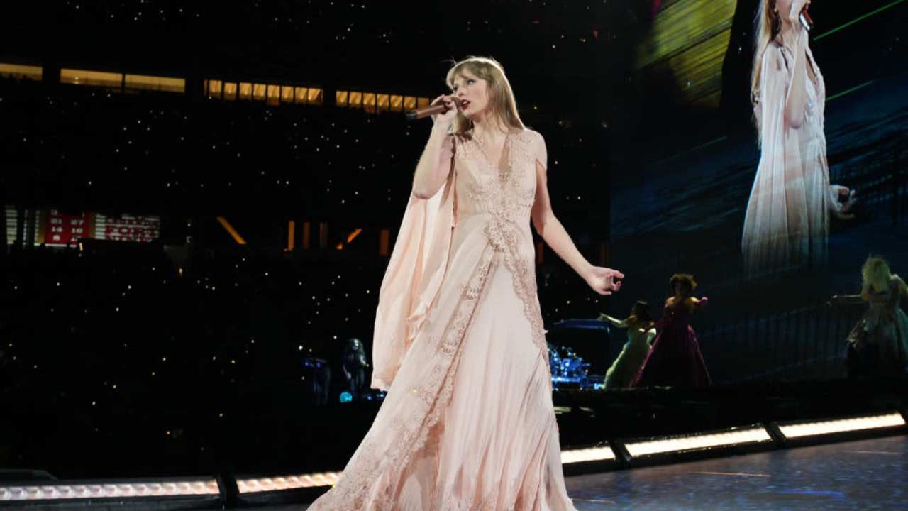 Taylor Swift singing on stage in Santa Clara during the Eras Tour