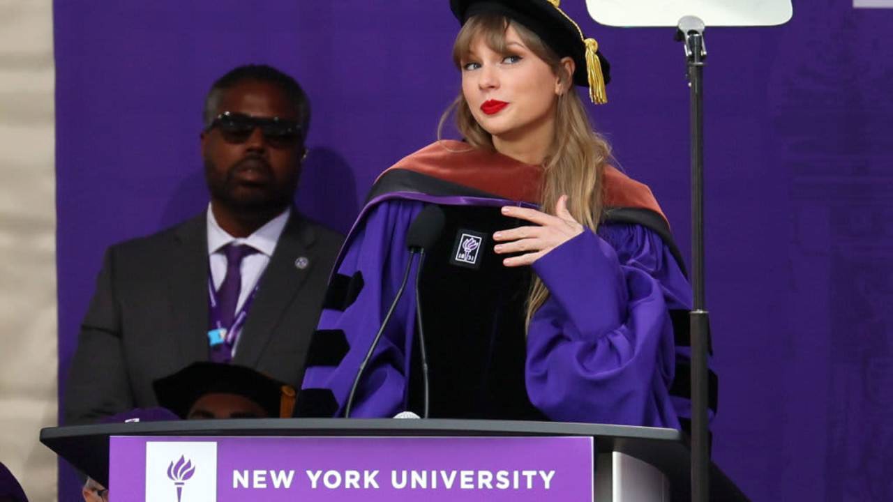 Taylor Swift Delivers New York University's 2022 Commencement Address at Yankee Stadium on May 18, 2022 in New York City.