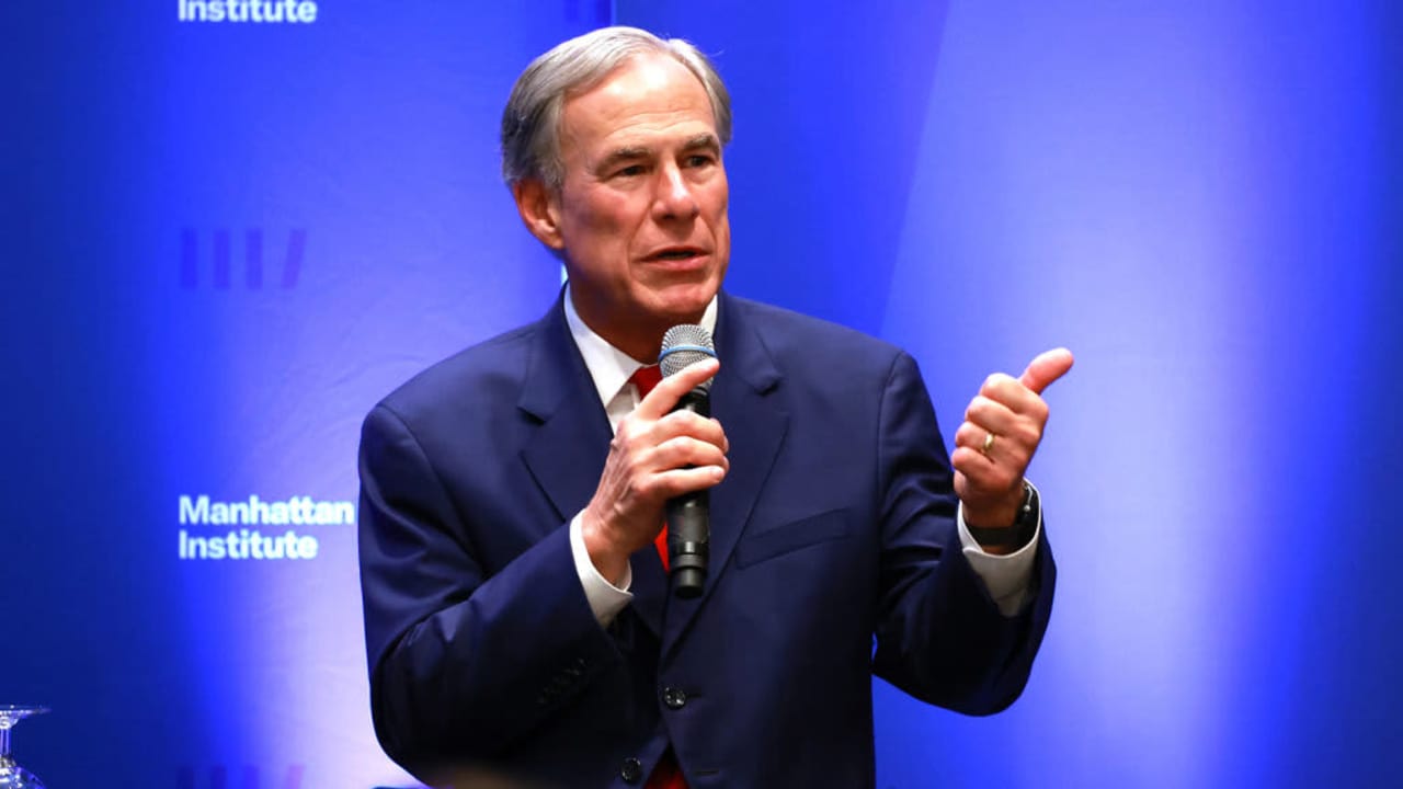 Texas Gov. Greg Abbott is pictured during a panel discussion at the Yale Club in Manhattan