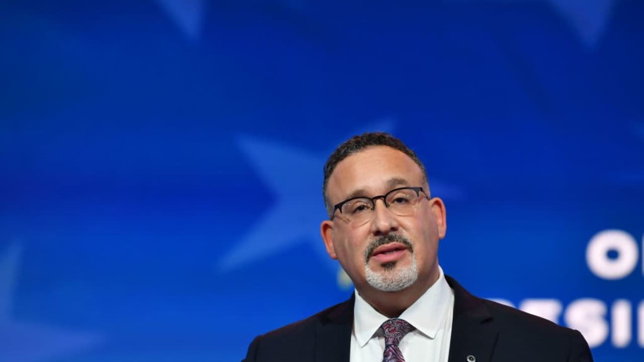 US Education Secretary, Miguel Cardona, speaking at an event in Wilmington, Delaware.
