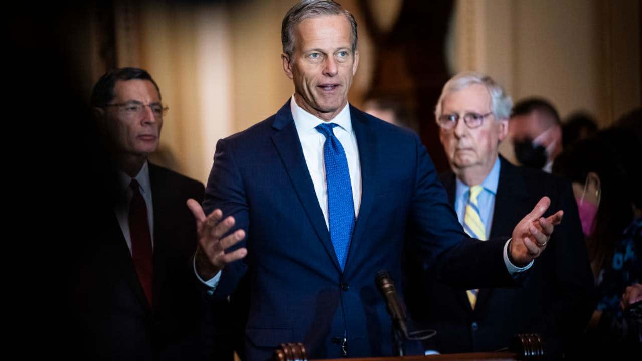 U.S. Senate Minority Whip John Thune speaking at a press conference following a weekly Republican policy luncheon in Washington, DC.