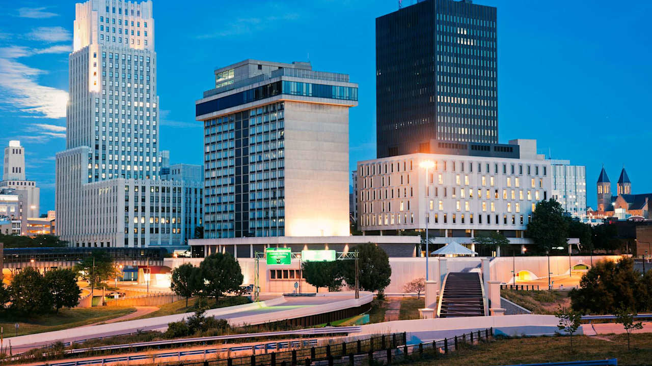Skyline of Akron, Ohio, featuring several tall skyscrapers against a clear sky.