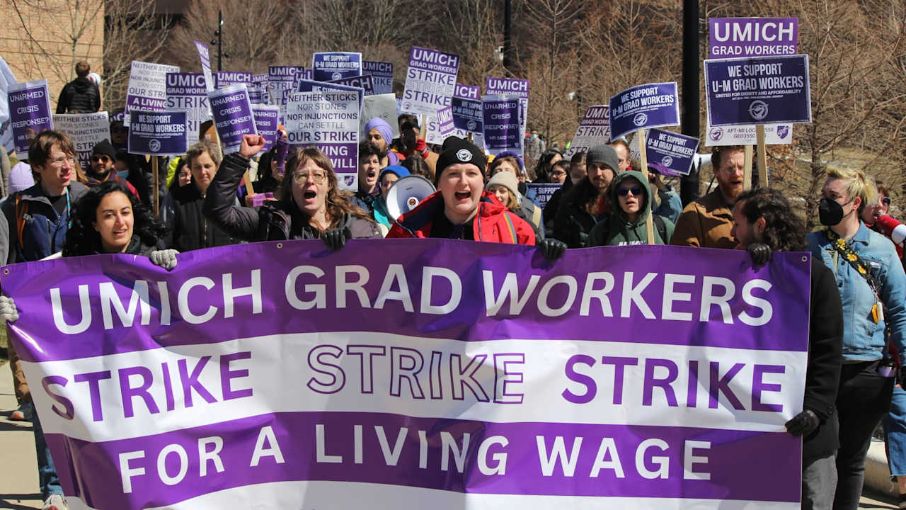 A group of University of Michigan students on strike. they are standing outside holding a large purple sign that says: UMich Grad workers strike for a living wage.