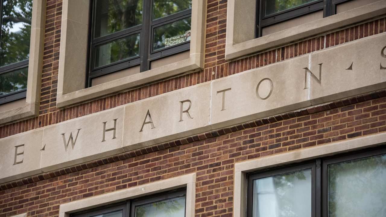 The Wharton School sign on a building at the University of Pennsylvania, Philadelphia