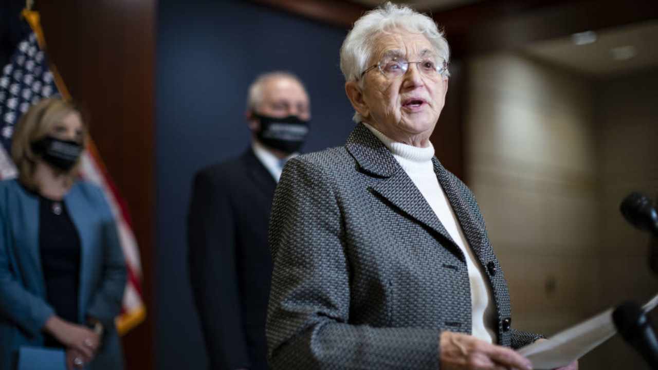 Representative Virginia Foxx, a Republican from North Carolina, speaks during a news conference following a House Republicans meeting at the U.S. Capitol in Washington, D.C., U.S., on Tuesday, March 9, 2021. House lawmakers could begin consideration as soon as today on a $1.9 trillion stimulus package, and Democrats expect to pass the measure despite a narrow majority and quiet complaints from progressives. Photographer: Al Drago/Bloomberg via Getty Images