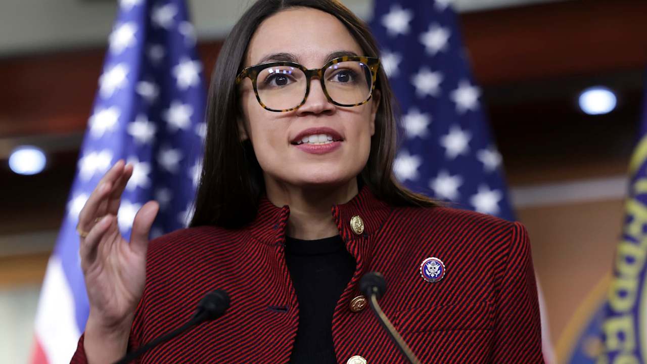 U.S. Rep. Alexandria Ocasio-Cortez (D-NY) speaks on banning stock trades for members of Congress at news conference on Capitol Hill