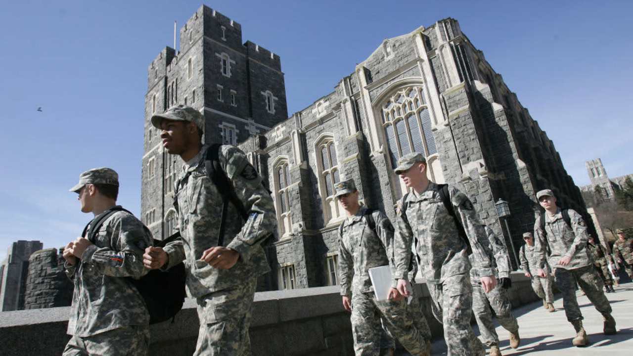 US Army cadets make their way through campus at the United States Military Academy in West Point, New York.