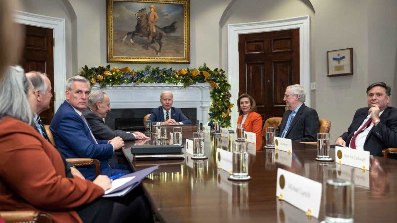 U.S. President Joe Biden meeting with Congressional Leaders at the White House on November 29, 2022, in Washington, DC. Biden met with House Minority Leader Kevin McCarthy, Senate Majority Leader Charles Schumer, Speaker of the House Nancy Pelosi, Senate Minority Leader Mitch McConnell, and White House Chief of Staff Ron Klain to discuss legislative priorities through the end of 2022.