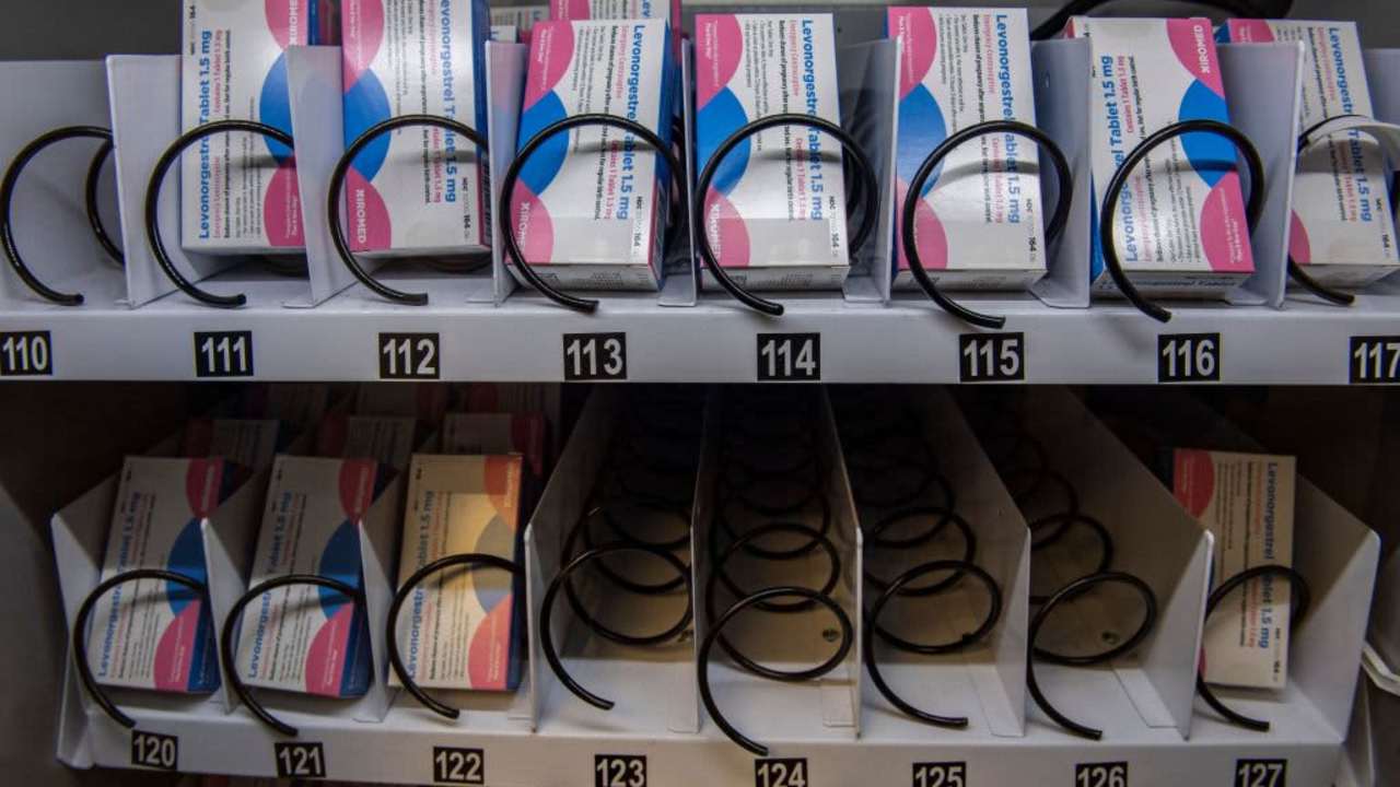 Cartons of the "morning-after" pill fill a Plan-B vending machine that sits in the basement of the student union building on the Boston University Campus.