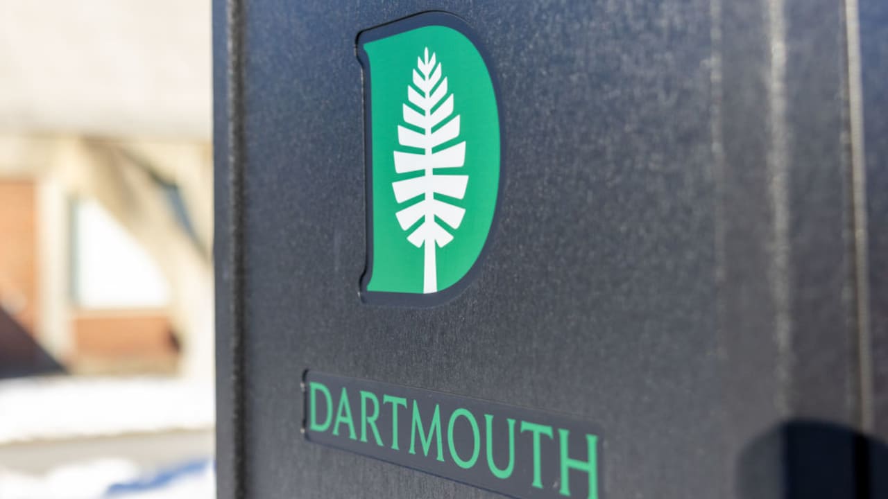 The Dartmouth College logo is seen on the Dartmouth College campus